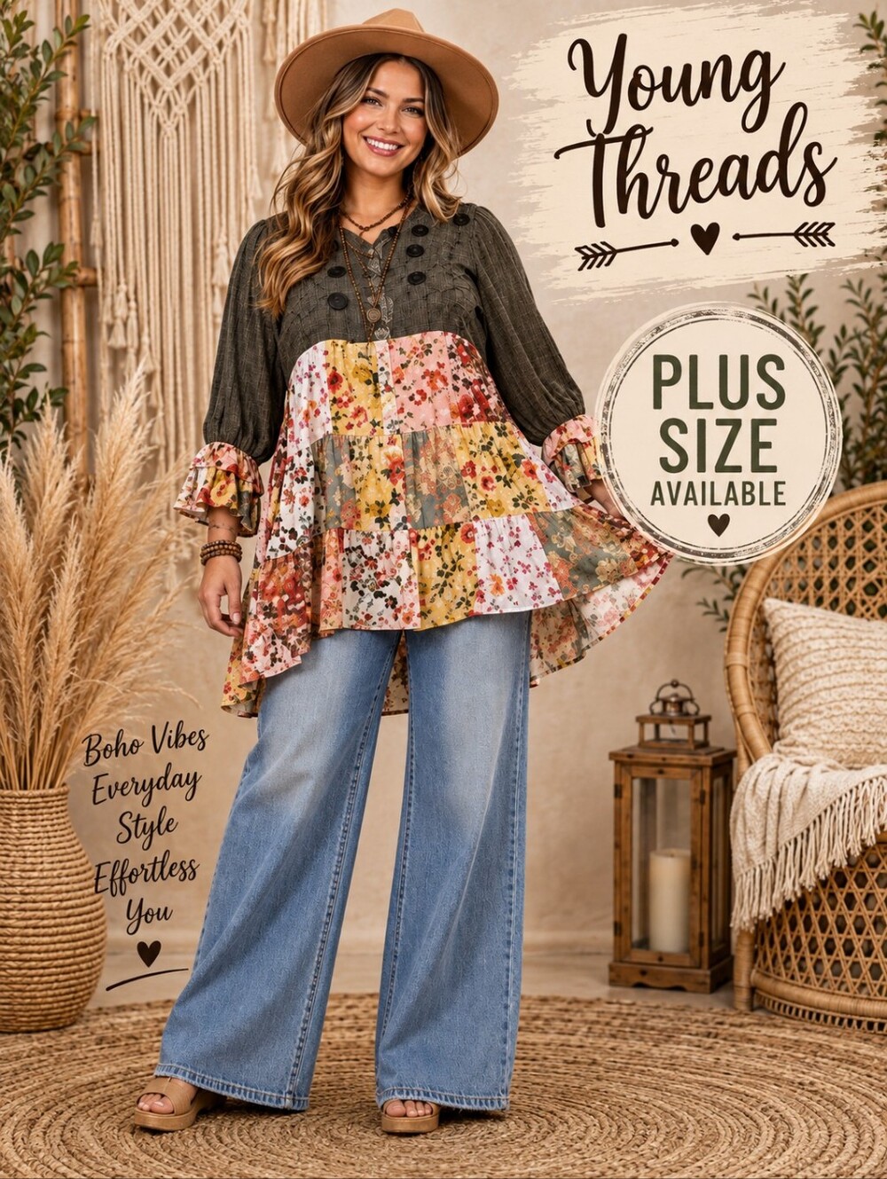 139 Young Threads Olive Green Patchwork Boho Tunic